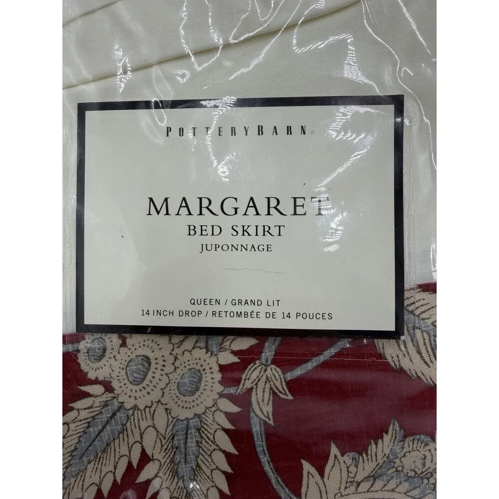 Pottery Barn Margaret bed skirt juponnage Cotton Linen Floral Beige Red Queen